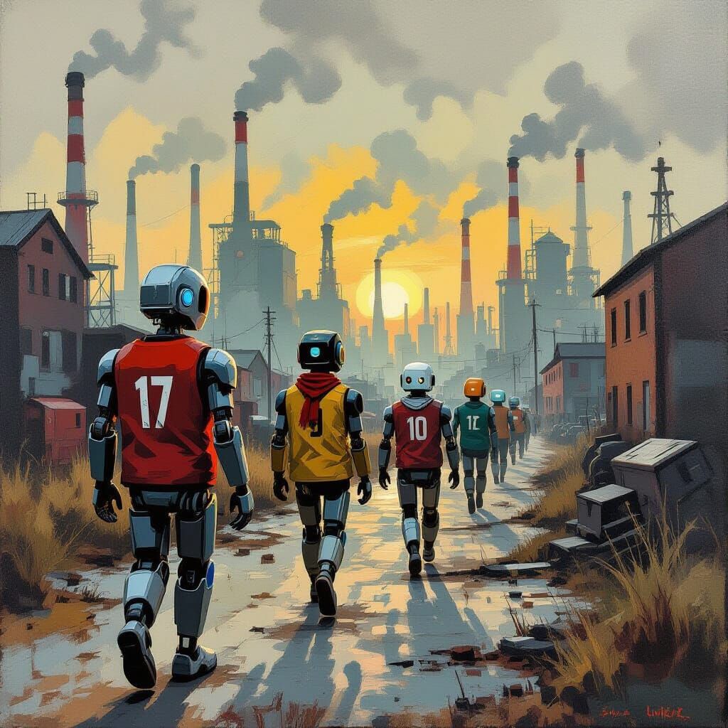 Robots in Industrial Wasteland, in Lowry Style