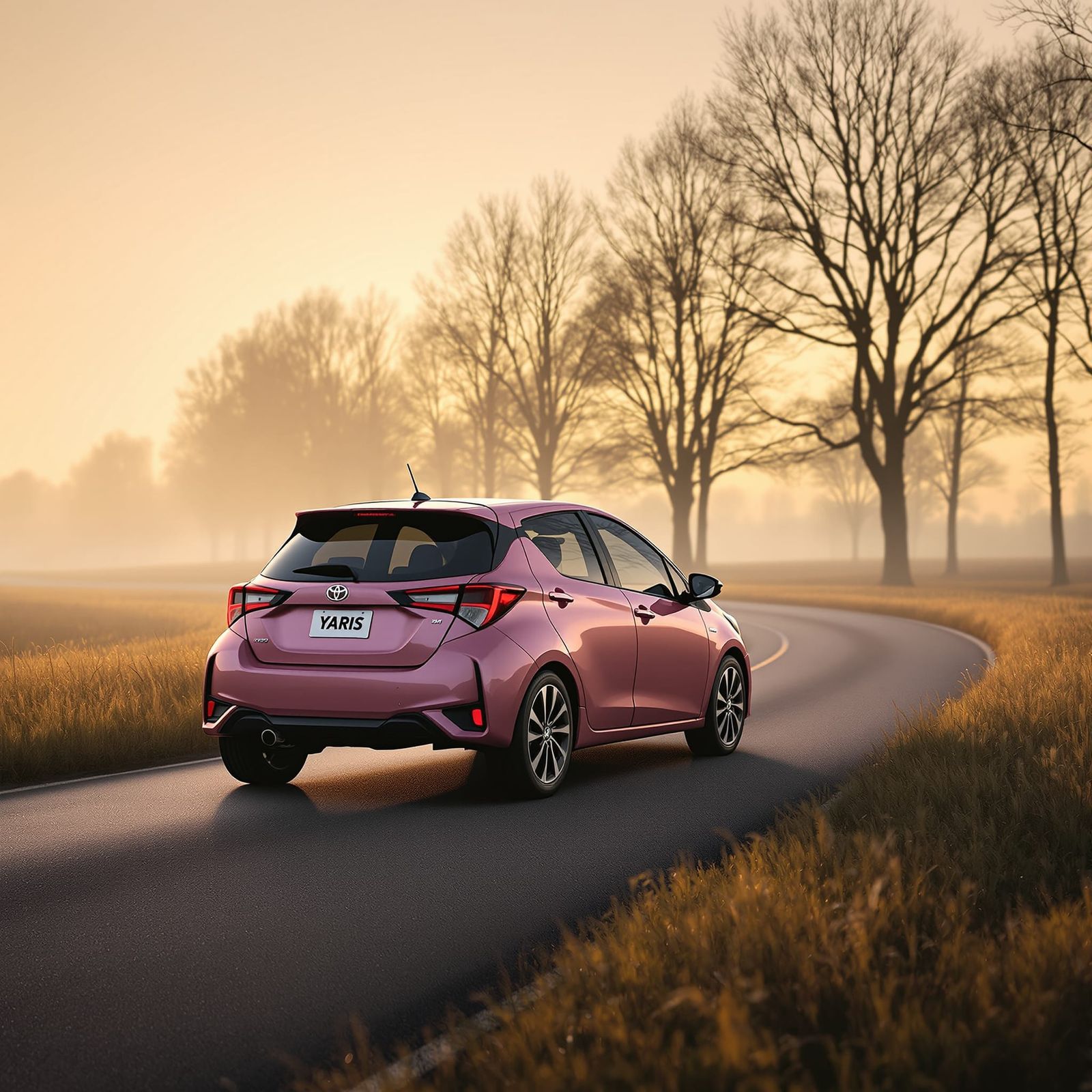 Metallic Pink Toyota Yaris on Misty Sunrise Road