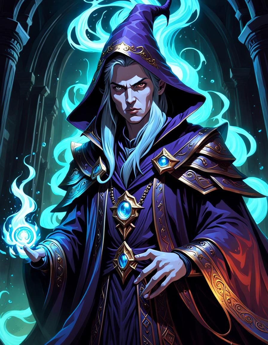 Ancient Sorcerer Portrait in Dark Fantasy Gouache Style