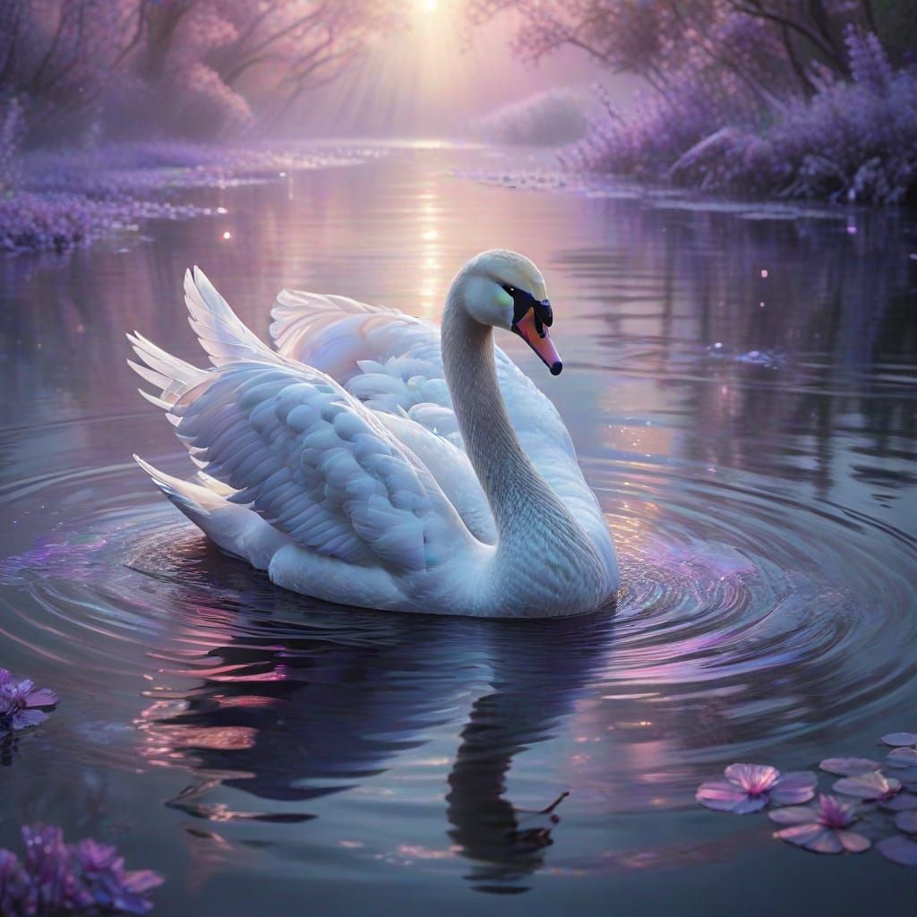 Surreal Swan in Lavender Lake Scene