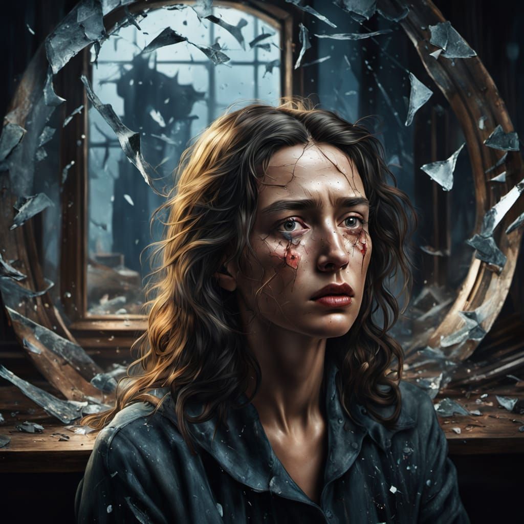 Emotional Woman in Shattered Landscape: Digital Art