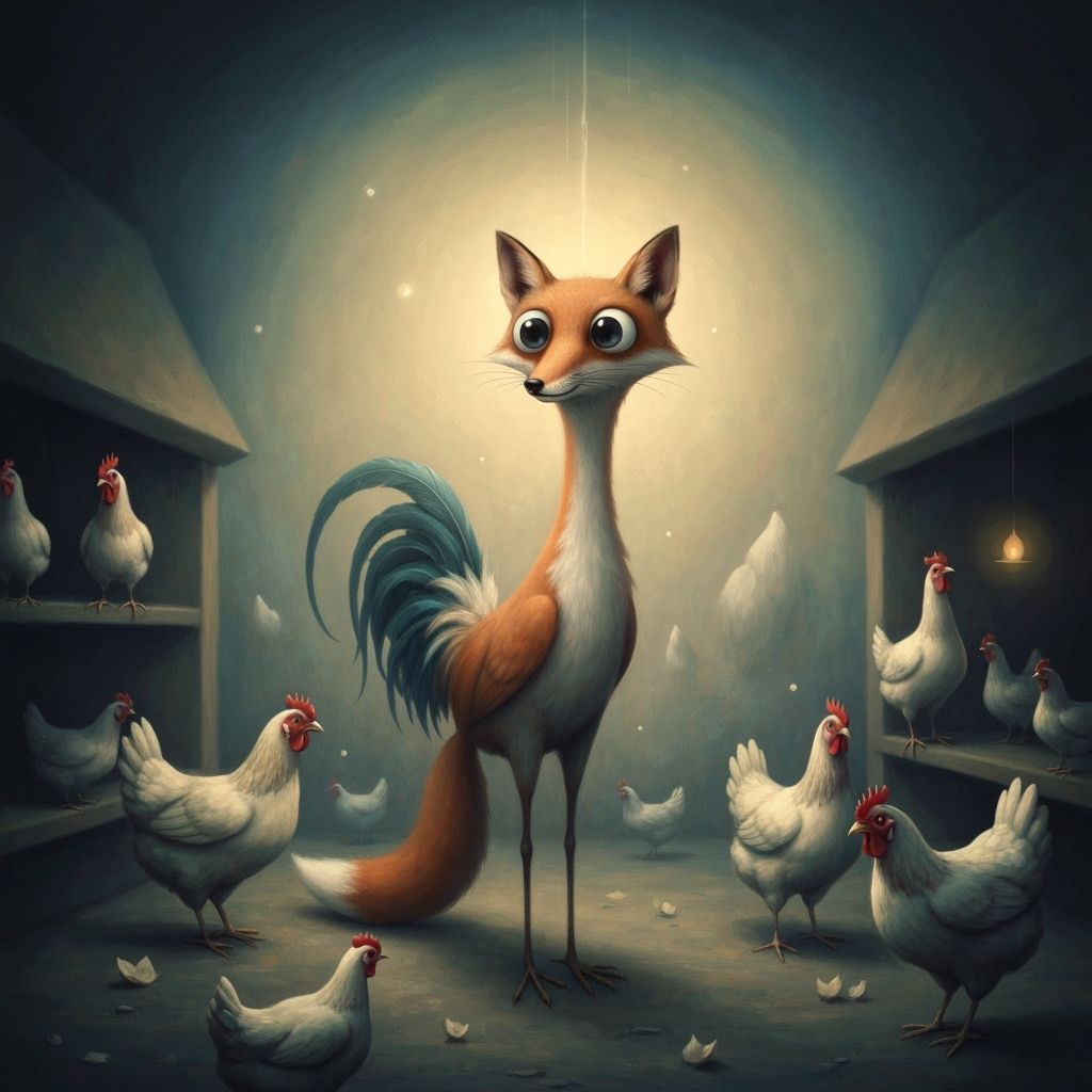 Surreal Fox Rooster Among Hens in Dreamlike Style
