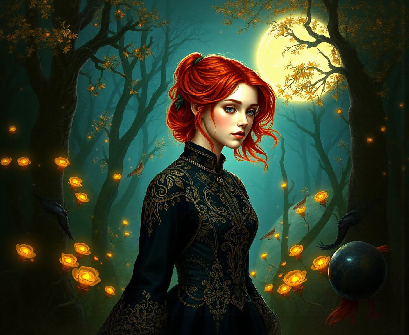 Redhead in Victorian Dress in Moonlit Forest
