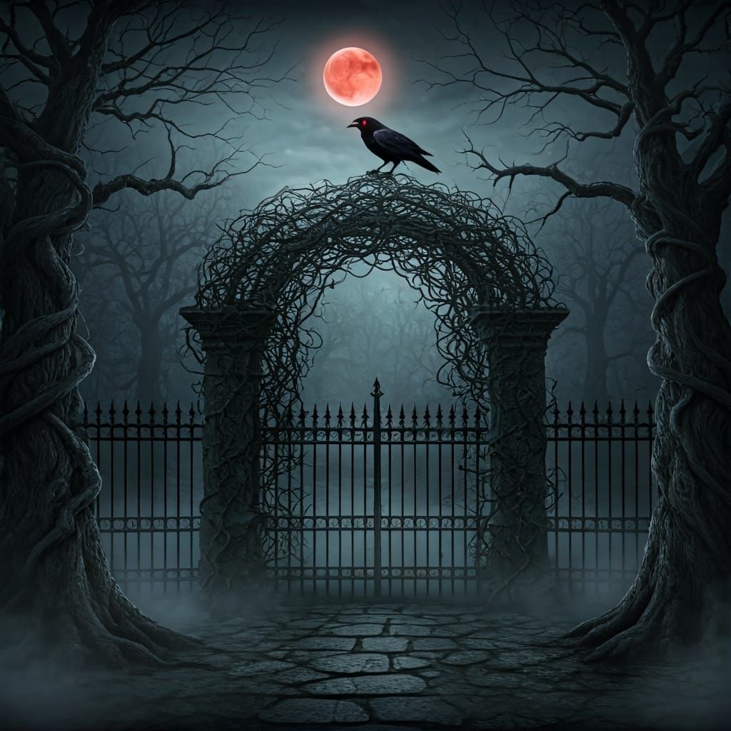 A creepy garden with wrought iron fencing and multiple dark ...