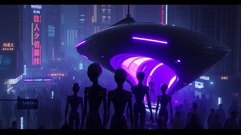 Purple Aliens Board Spaceship in Futuristic City
