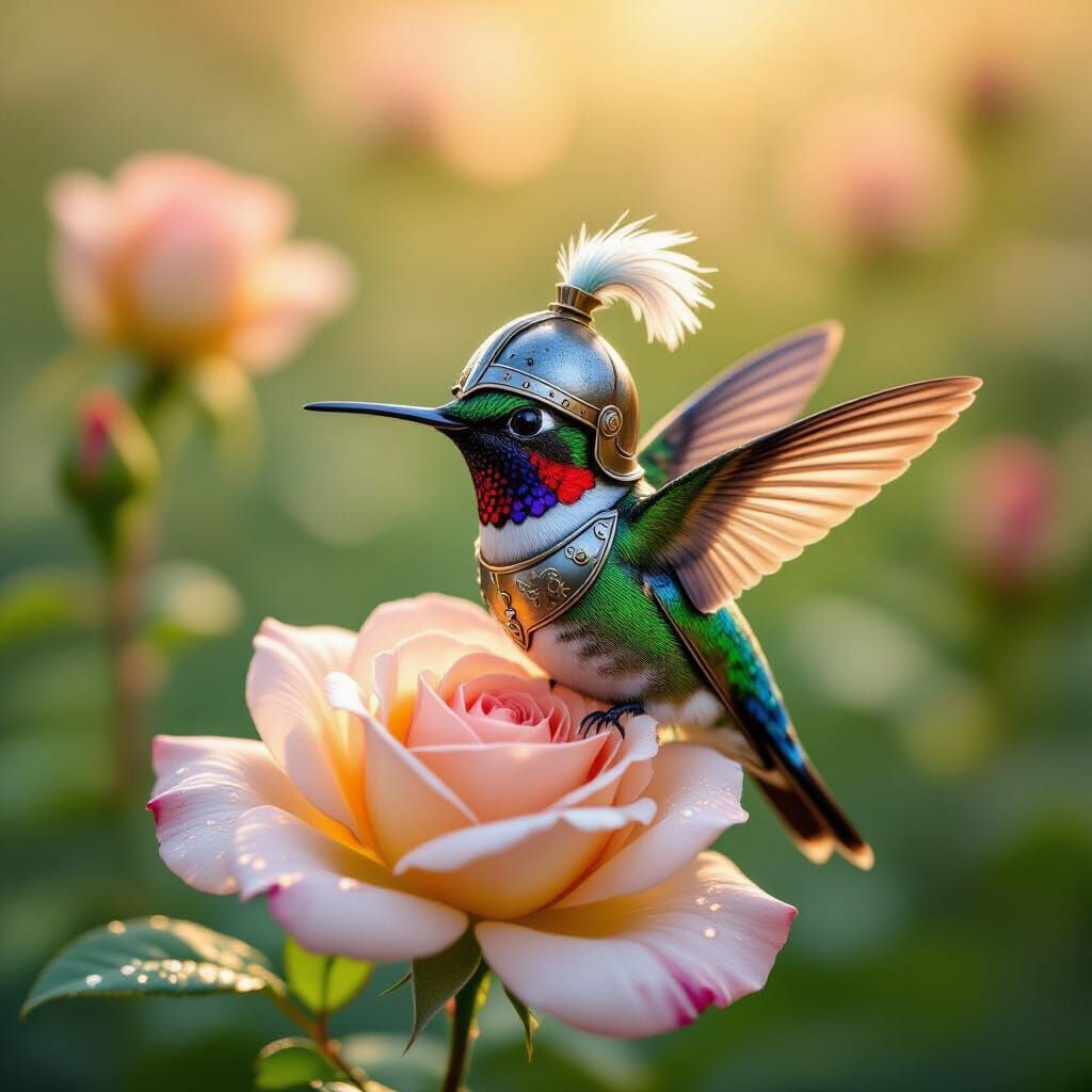 Tiny Hummingbird Knight on Rose Petal in Golden Hour Light