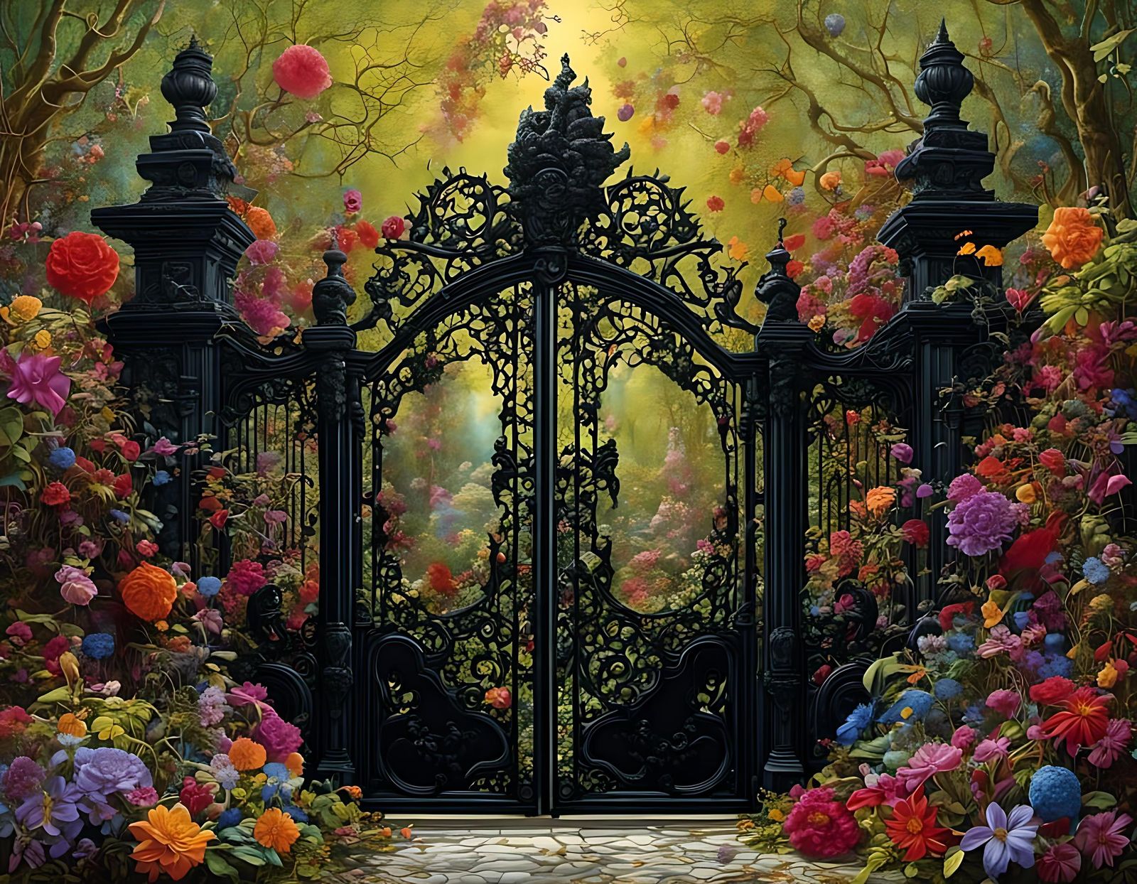 Ornate Gate to Thorny Garden in Neon Style