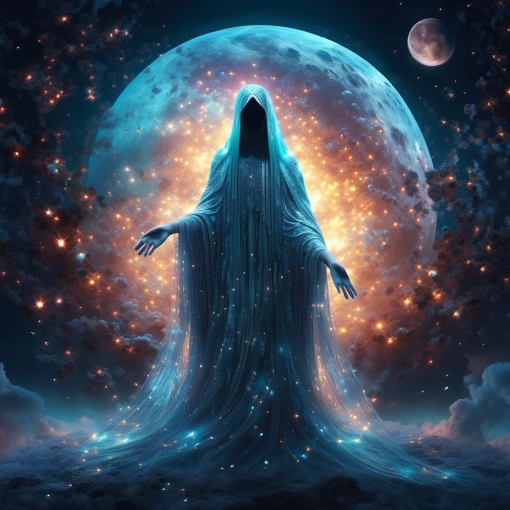 Ethereal Ghost Gazing at Bioluminescent Moon