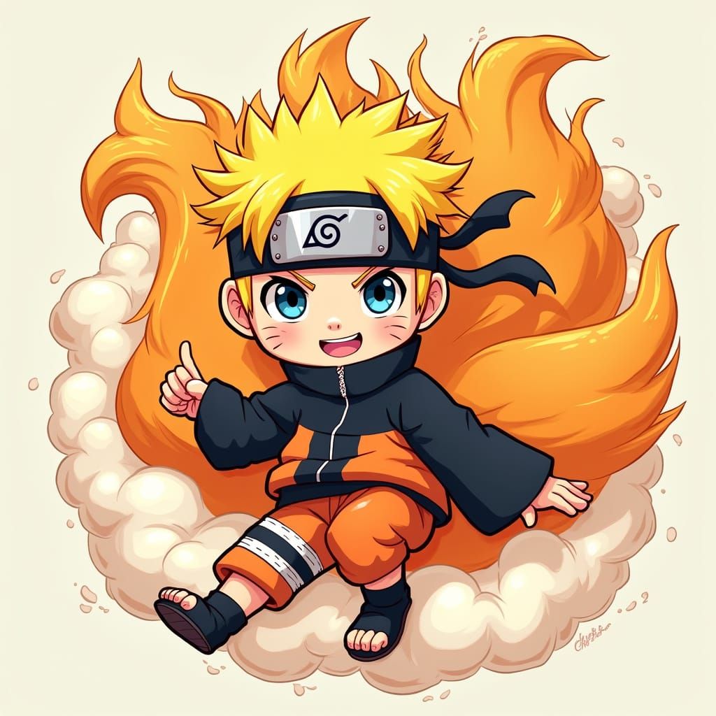 Vibrant Chibi Naruto in Nine-Tails Mode with Whimsical Cloud...