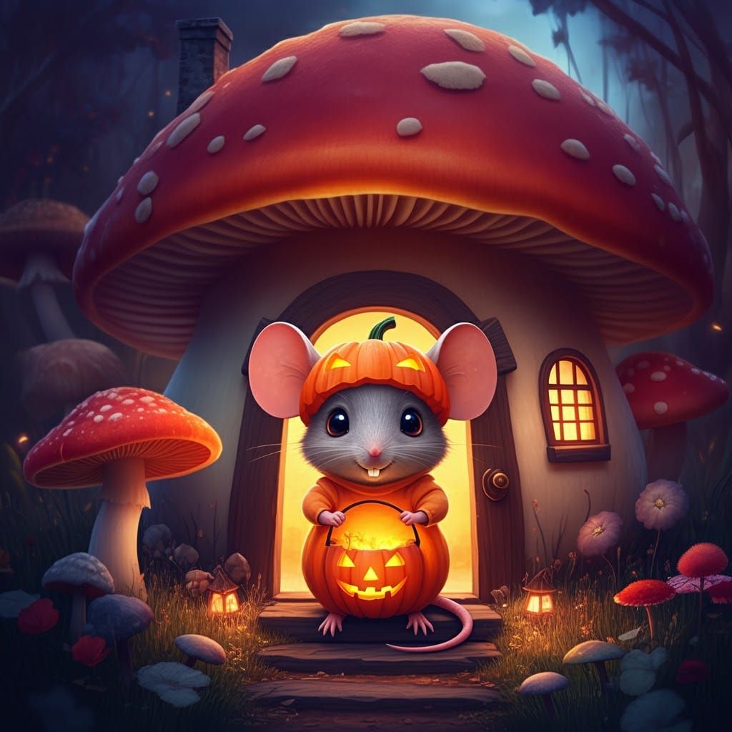 Mouse in Pumpkin Costume in Mushroom City