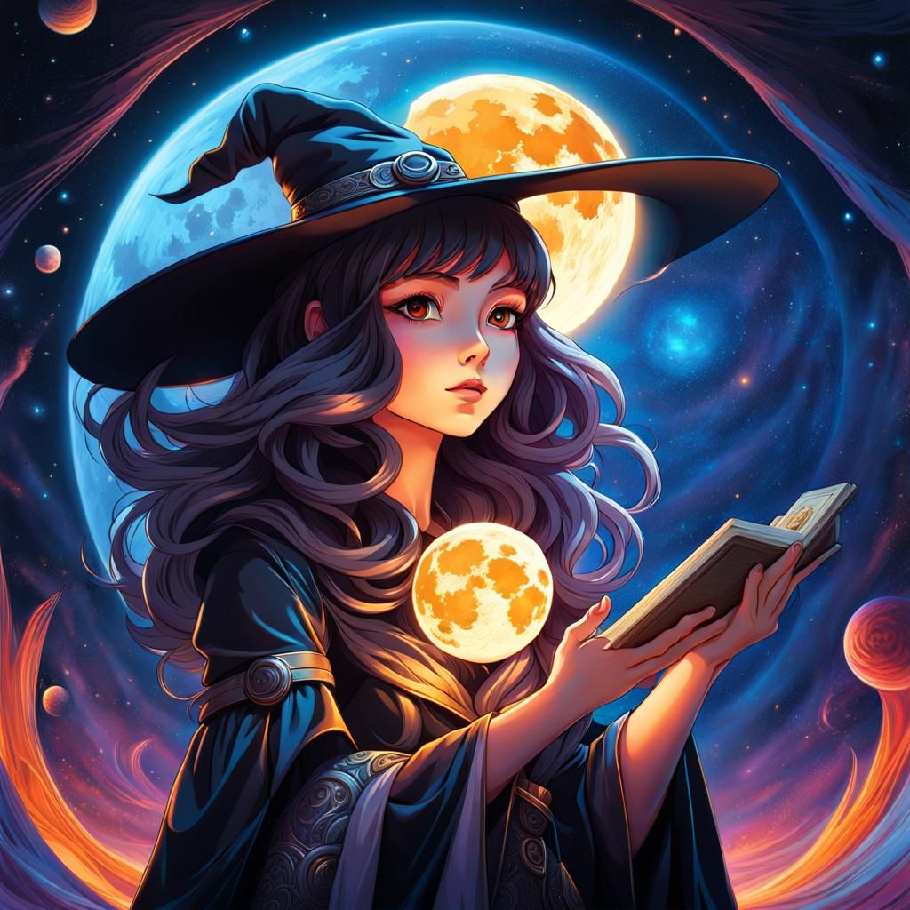 Anime Witch Girl with Moon in Space
