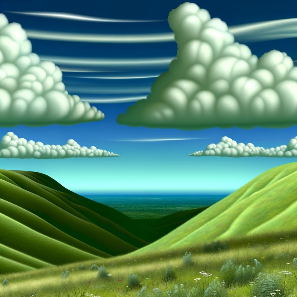 Emerald Green Hills with Wildflowers and Puffy Clouds