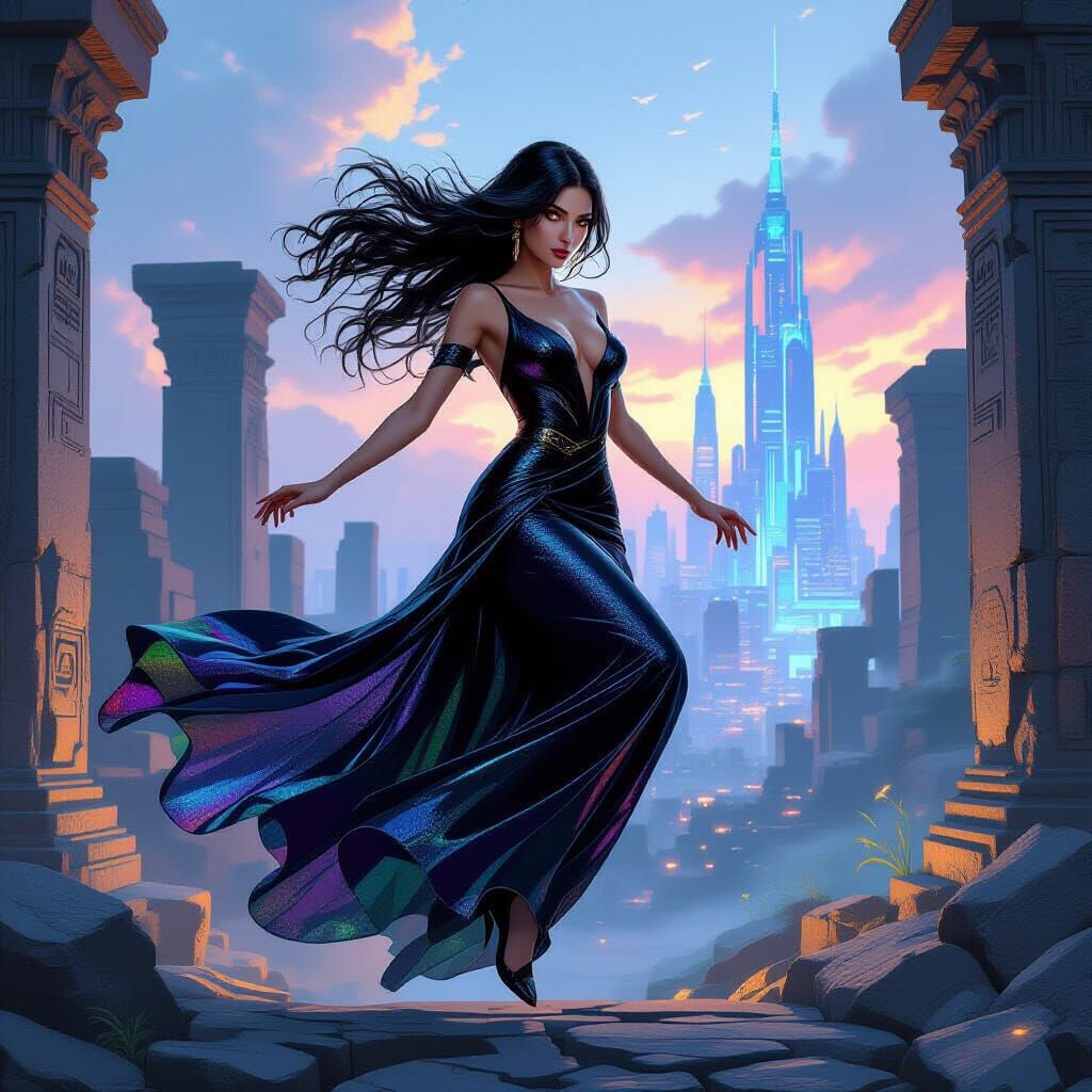 Woman Leaping Between Worlds in Cyberpunk Style