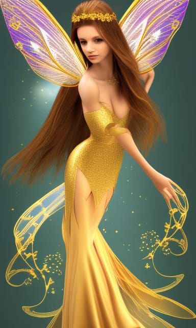 Golden Fairy with Wings in a Magical Setting