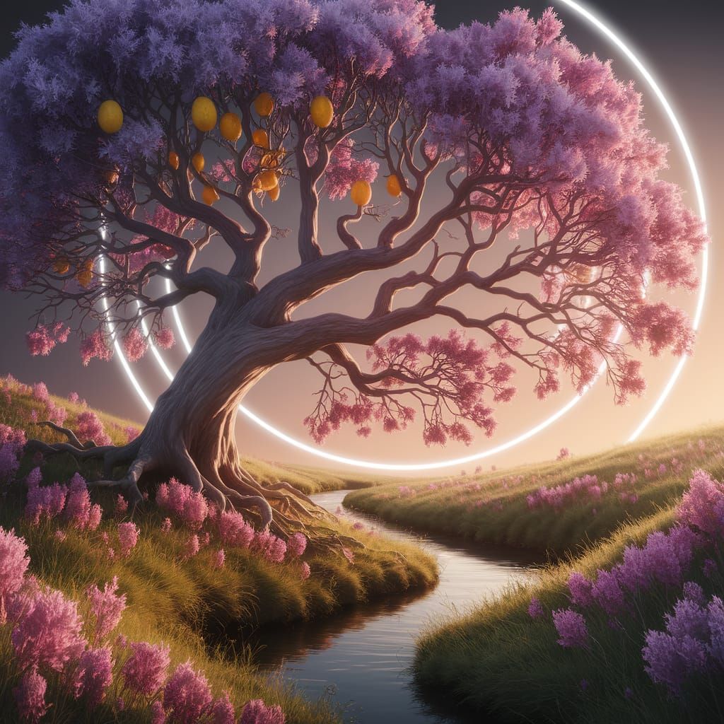Majestic Tree Radiates Warmth Over Vibrant Meadow Scene