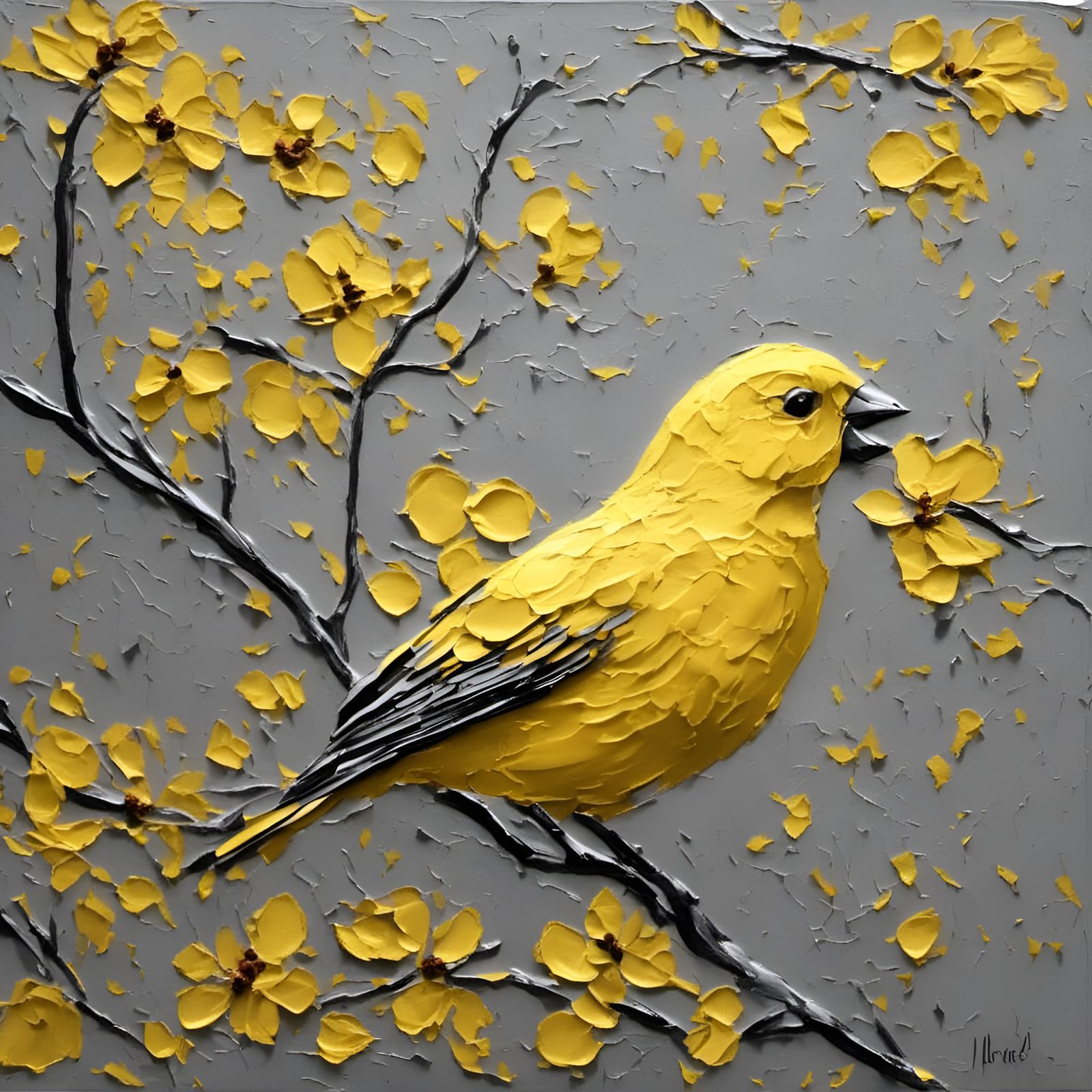 Yellow Canary in Grey Impasto Tree Landscape