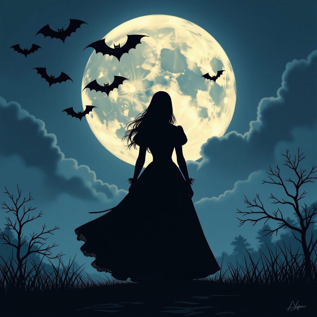 Gothic Horror of Wednesday Addams on Stormy Night