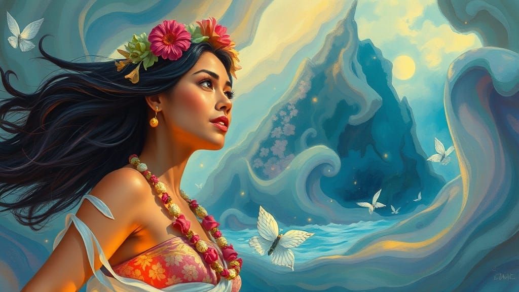 Hawaiian Woman's Dream Journey in Gouache