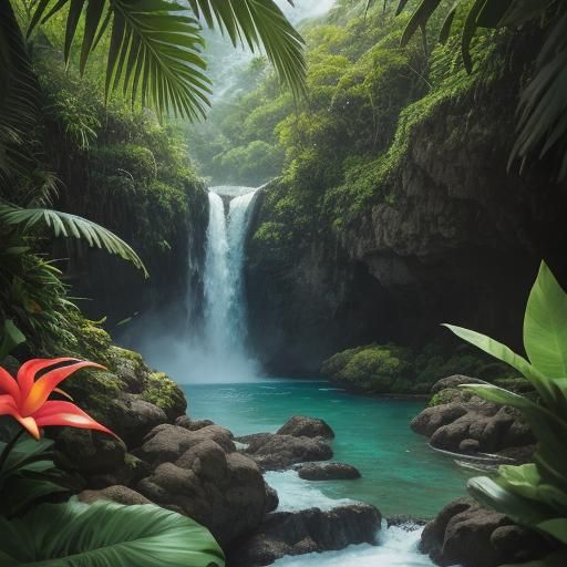 Hawaiian Waterfall Scene with Figure Jumping, Professional P...