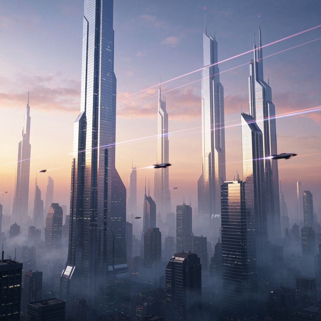 Futuristic Cityscape at Dawn in Cinematic Digital Painting S...