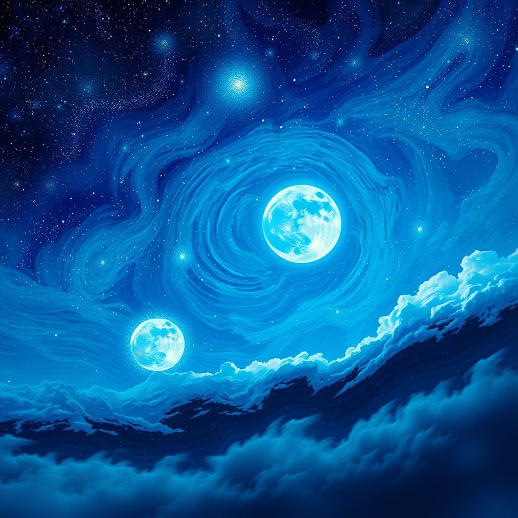 Vibrant Blue Starry Night with Radiant Blue Moon