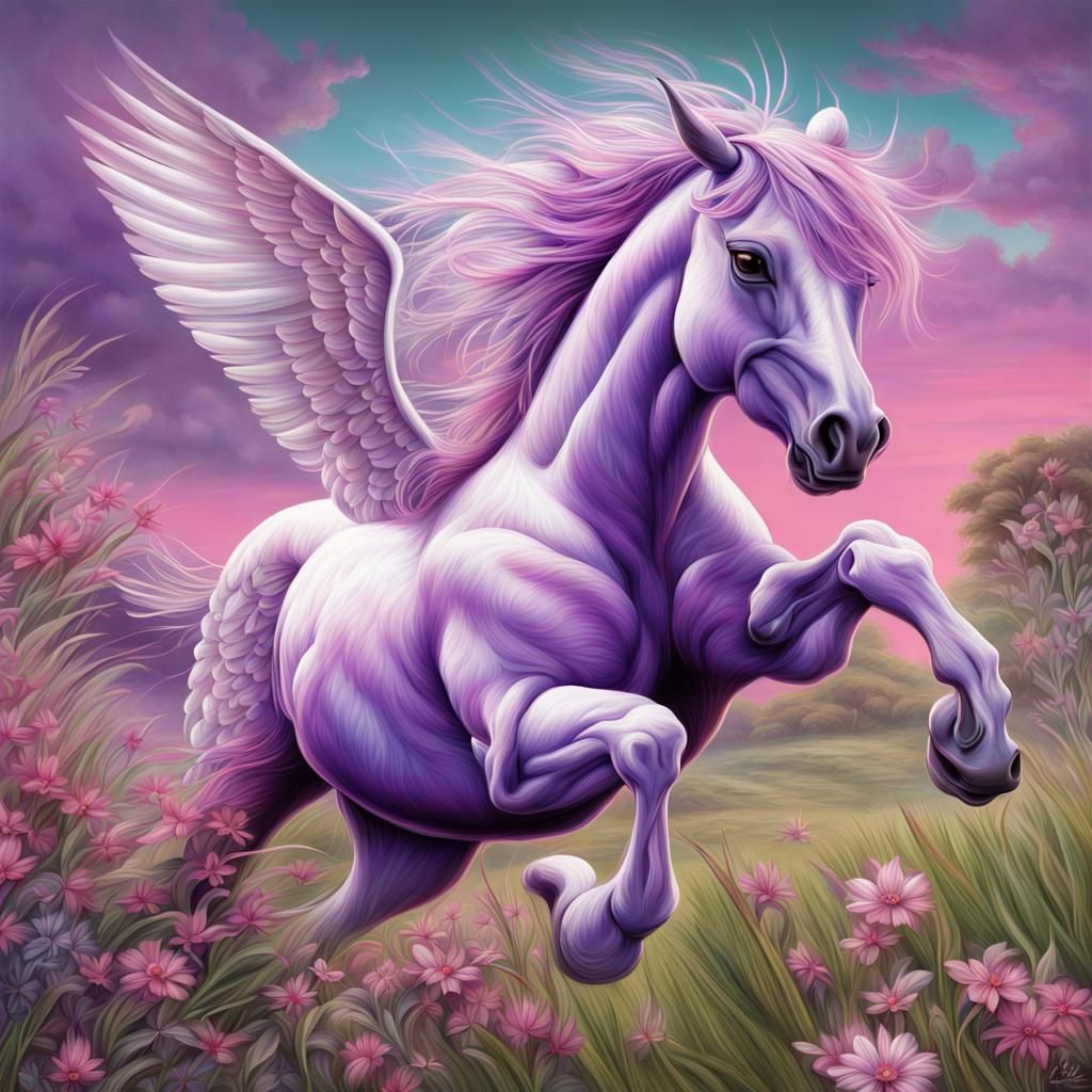 Winged Horse Illustration in Rackham and O'Keefe Style