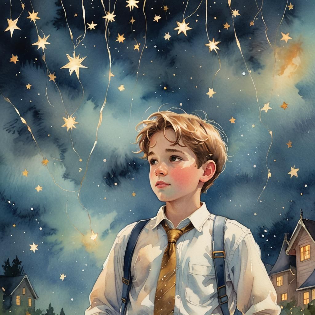 Boy Gazing at Stars: Whimsical Impressionist Illustration