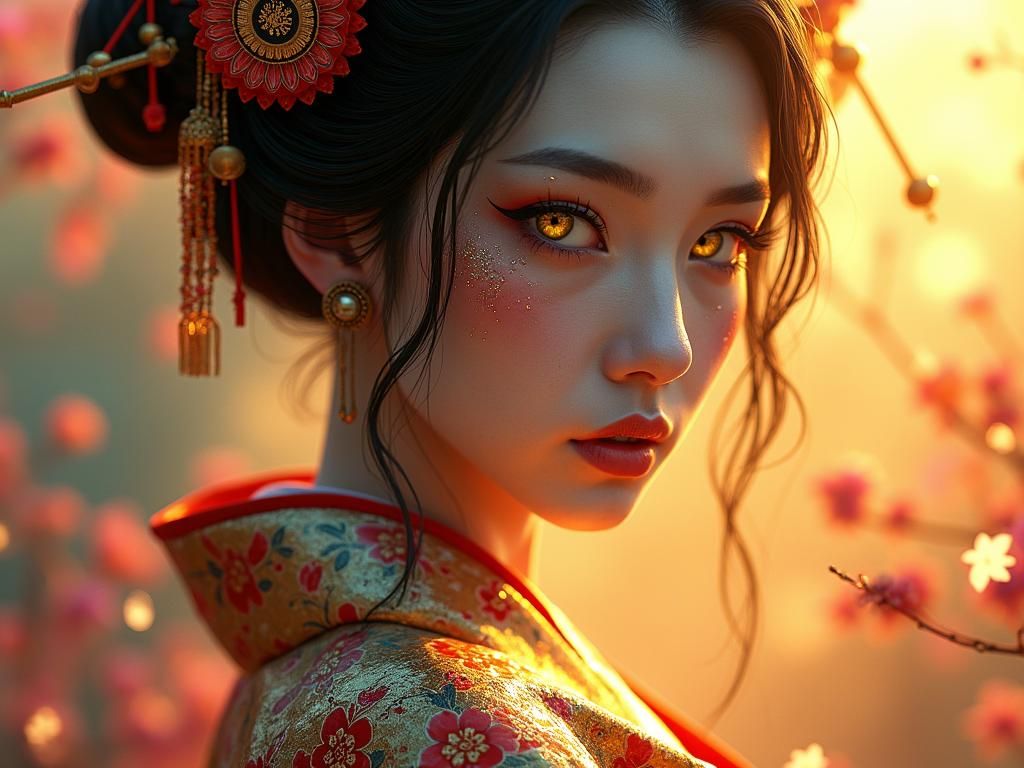 Geisha Warrior with Dissolving Tattoo in Dark Fantasy Style