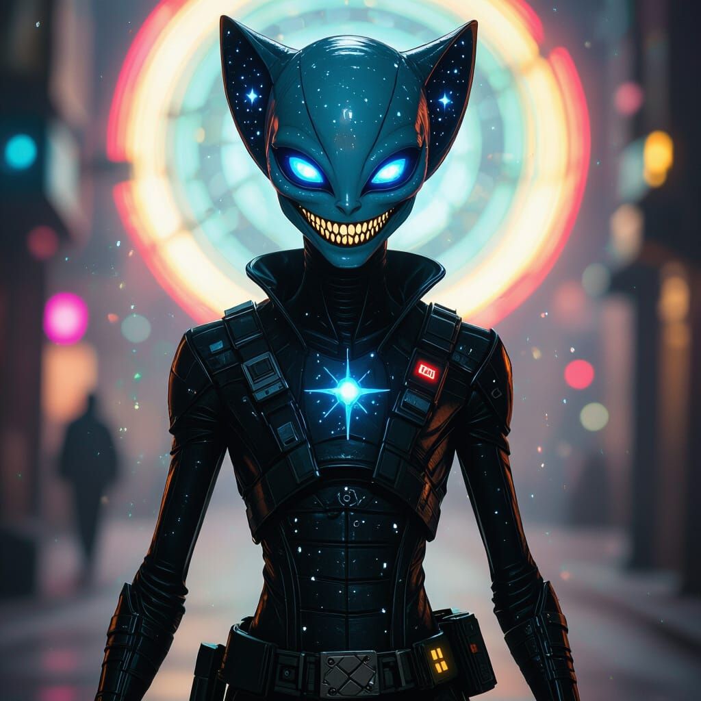 Alien Bounty Hunter in Neon Noir Style