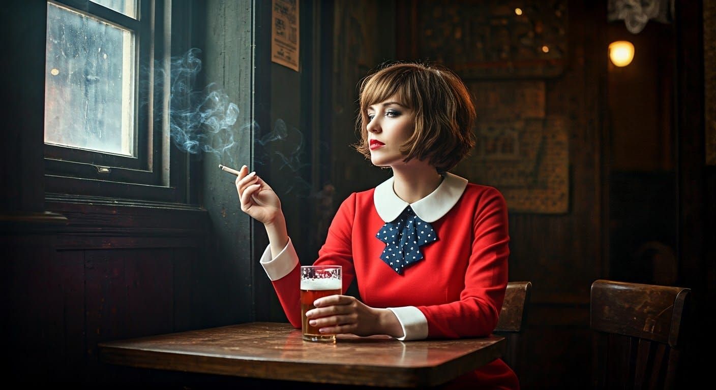 Smoky Pub Scene with Woman in Red Dress