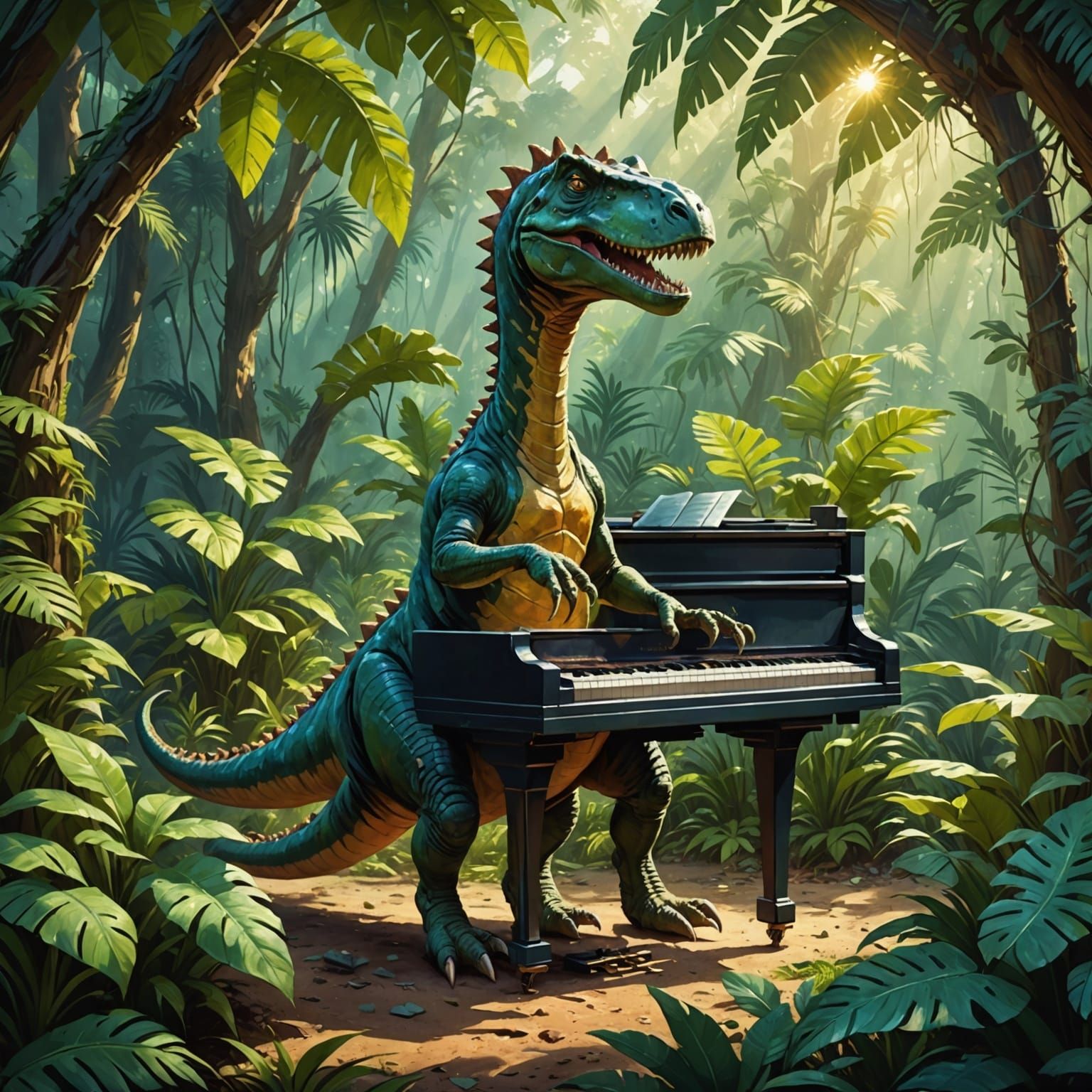 Dinosaur Plays Piano in Jungle Clearing, Oil Painting Style