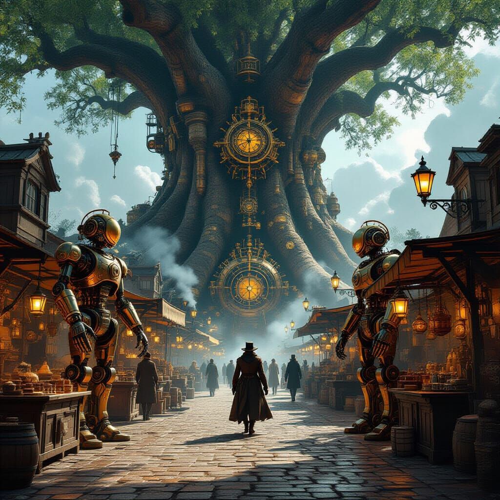 Steampunk Tree City Marketplace With Clockwork Automatons