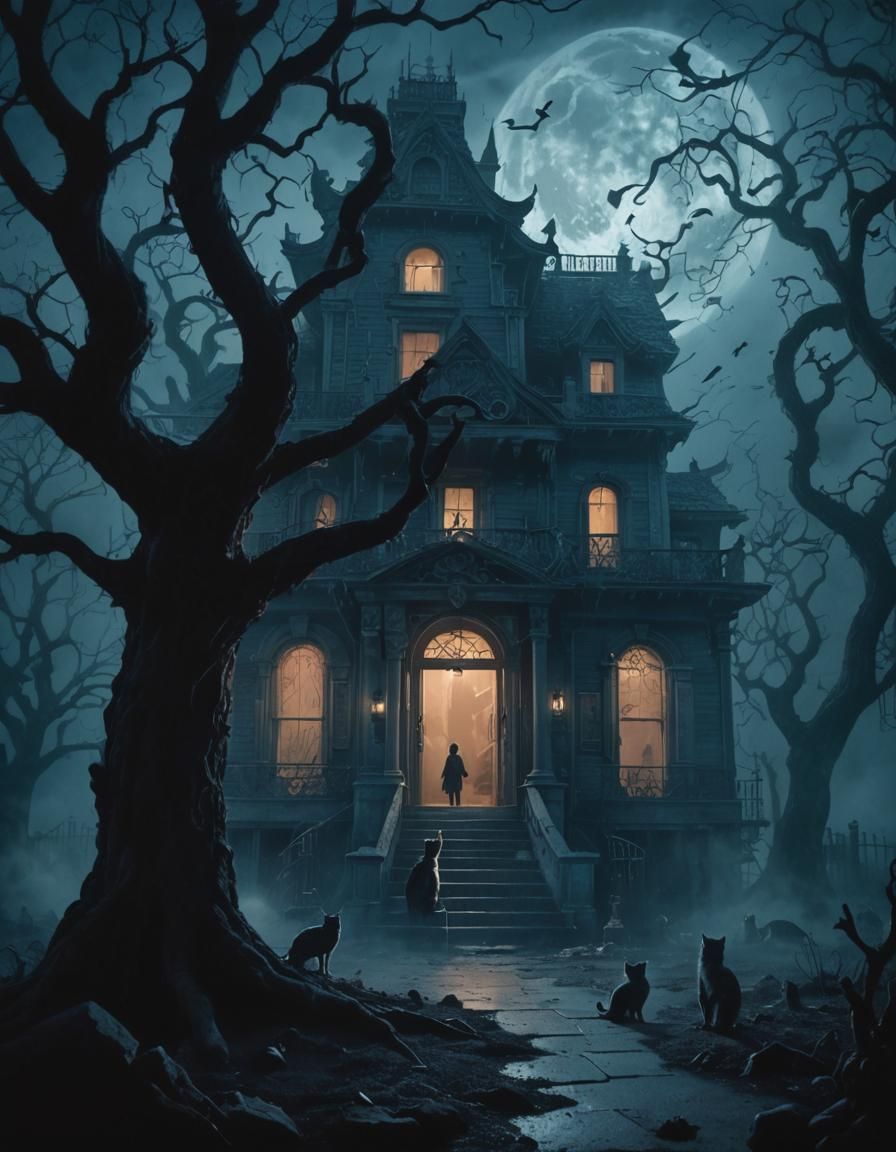 Eerie Cat in Haunted House: a Gothic Horror Scene
