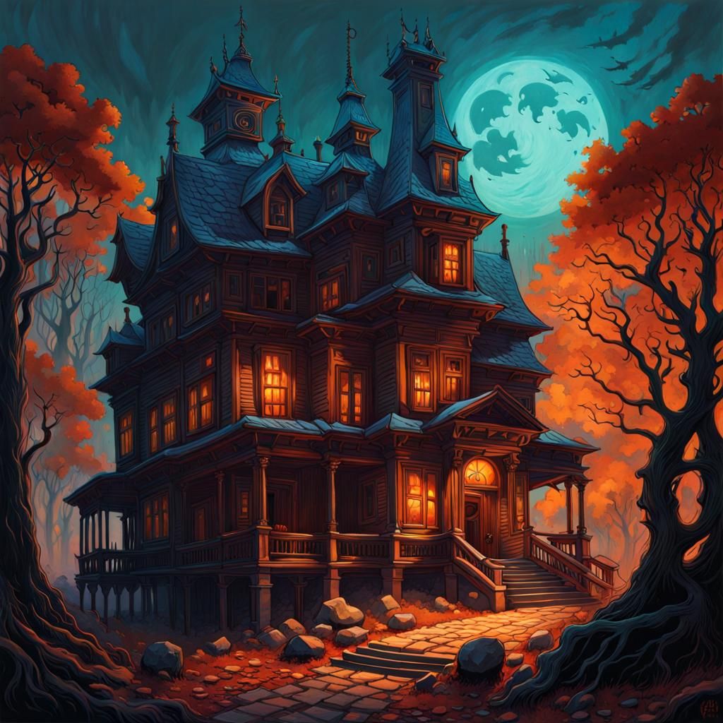Eldritch Haunted House in Gouache Style