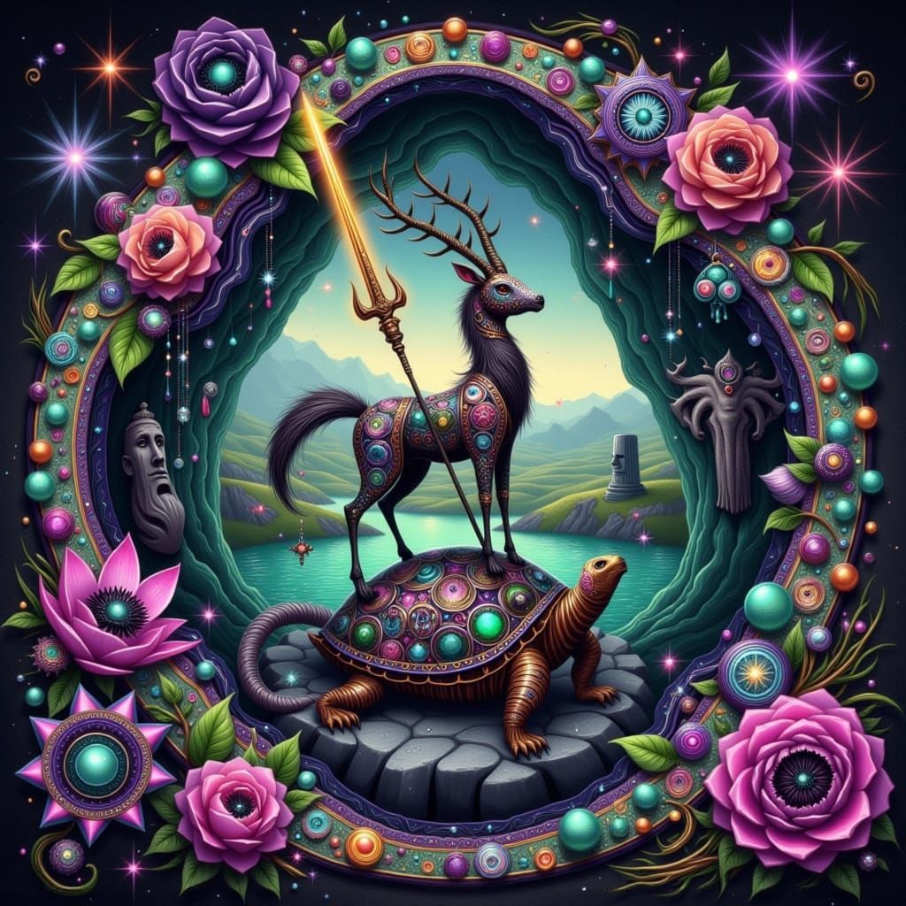 Celestial Ibex Empowered by Geode and Tortoise in Vibrant Az...