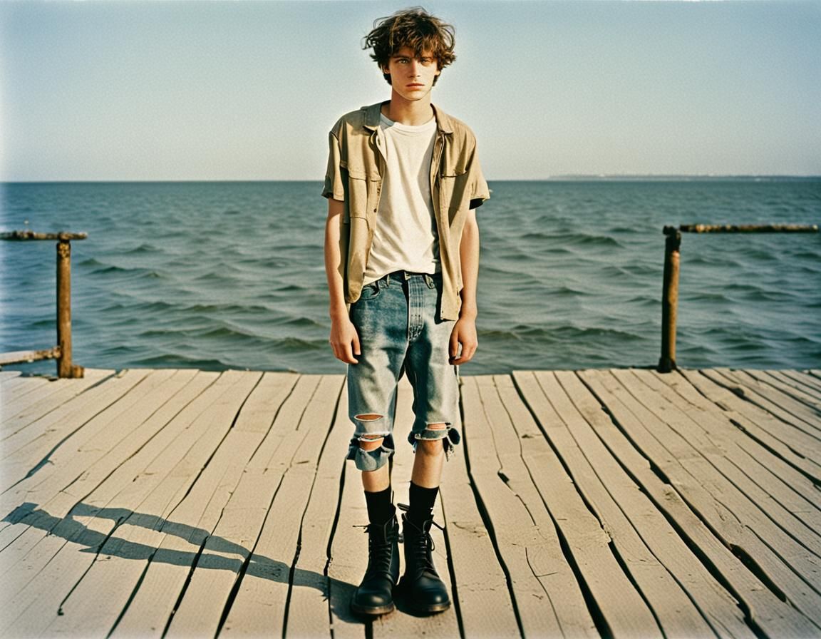 Grunge Indie Kid Portrait on Sandy Beach