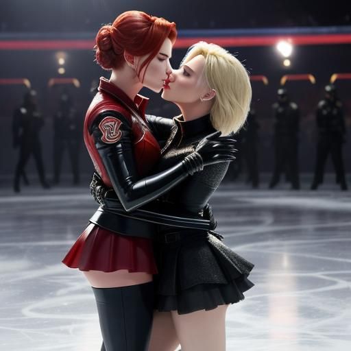 in my dream, Scarlett Johanssom was the fire girl and Charlize Theron was the ice girl (kissing: 1.5) | https://creator....