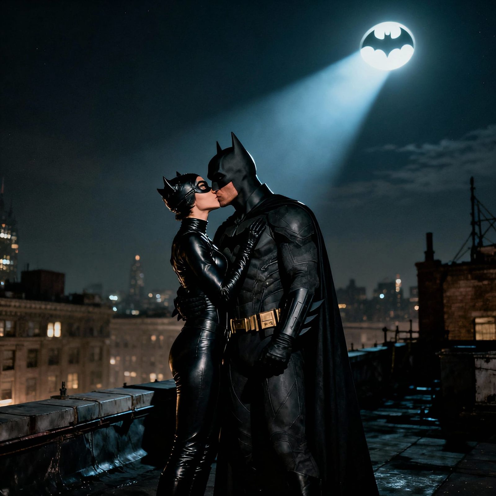 Batman and Catwoman Kiss on Rooftop with Bat-Signal