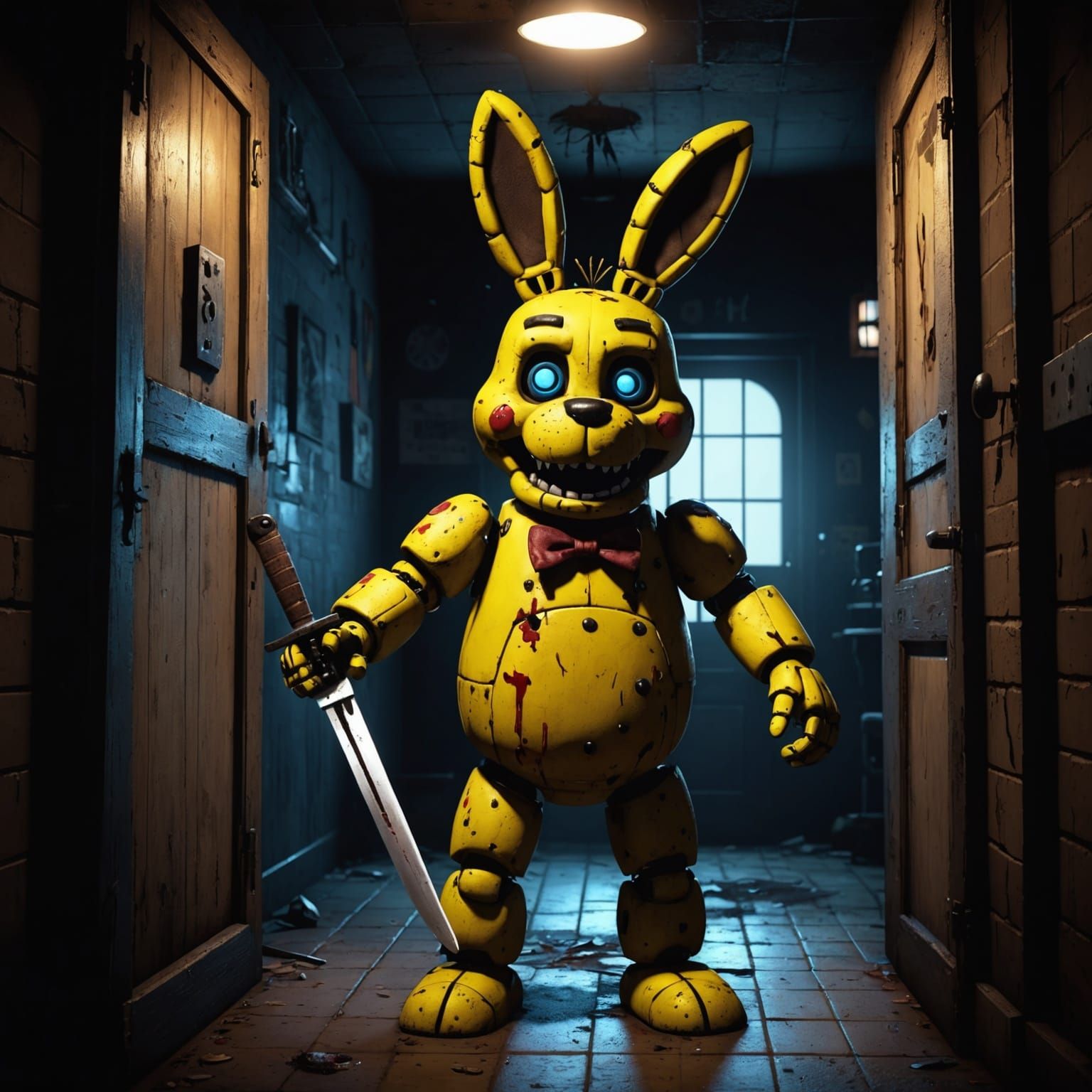 Menacing Robotic Rabbit with Knife in Pizzeria