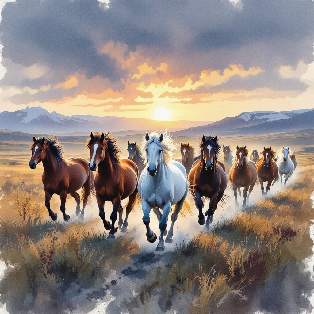 Herd of Icelandic Horses Galloping in Prairie Watercolor