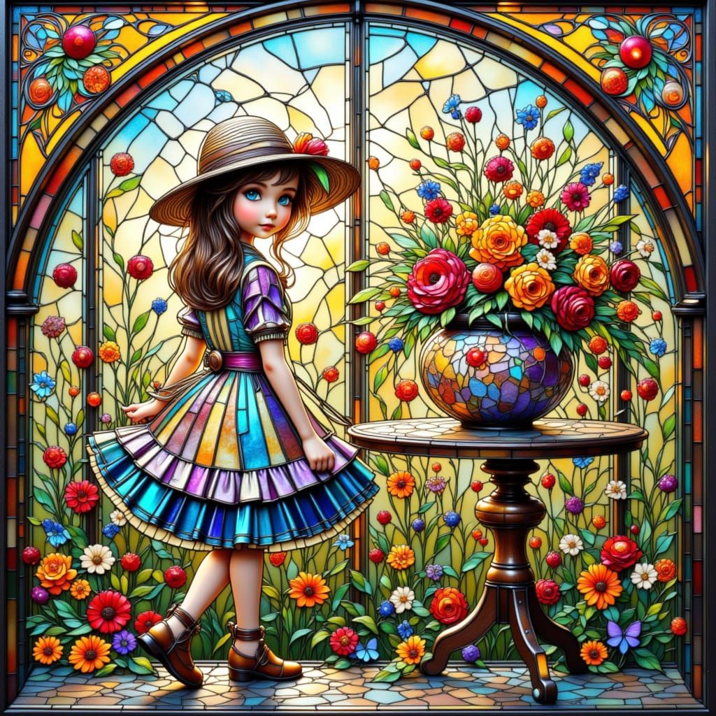Whimsical Stained Glass Girl with Flowers