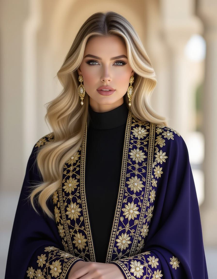 Luxury Abaya Fashion: Regal Blonde in Editorial Photo