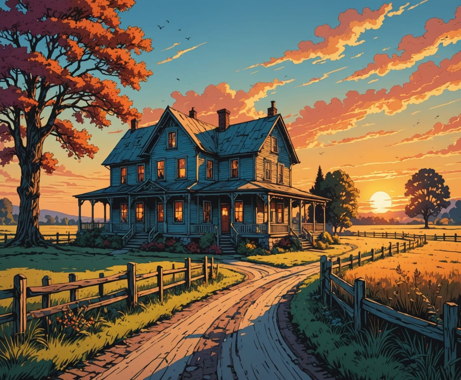 Surreal Sunset with Country House in Intricate Line Art