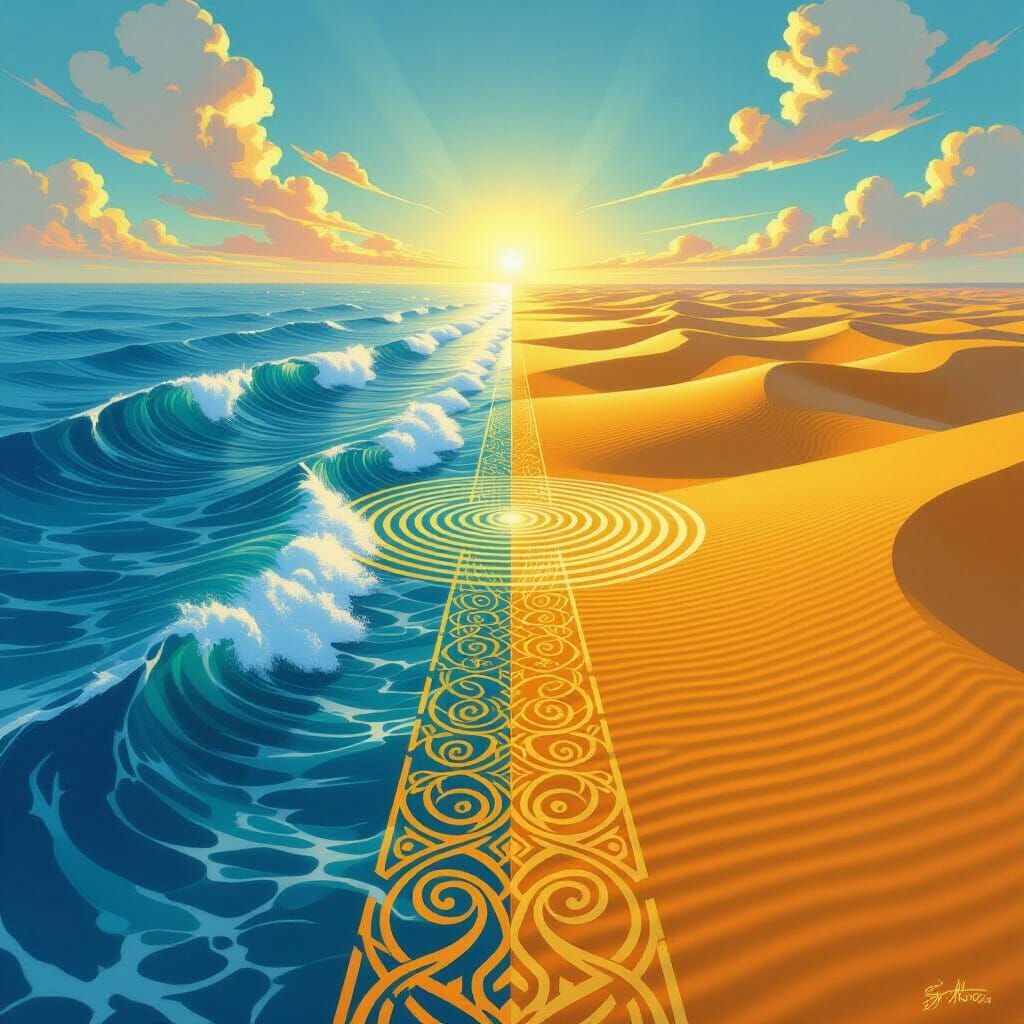 Ocean Meets Desert: A Balanced Landscape in Vintage Anime St...