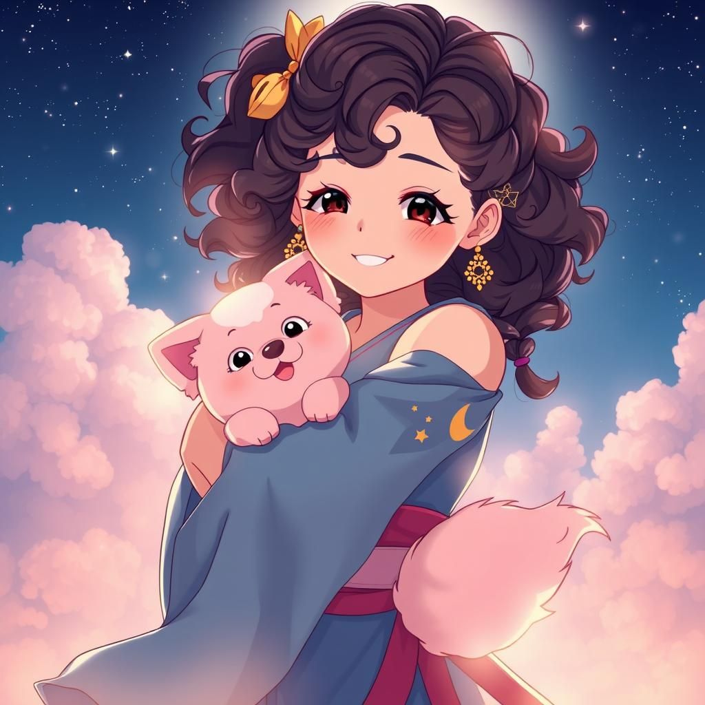 Goddess with Pink Dog in Anime Style