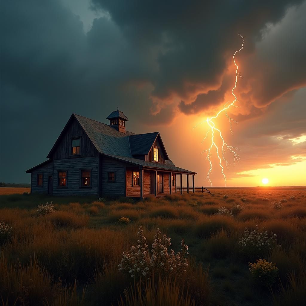 Prairie Farmhouse Under Electric Storm