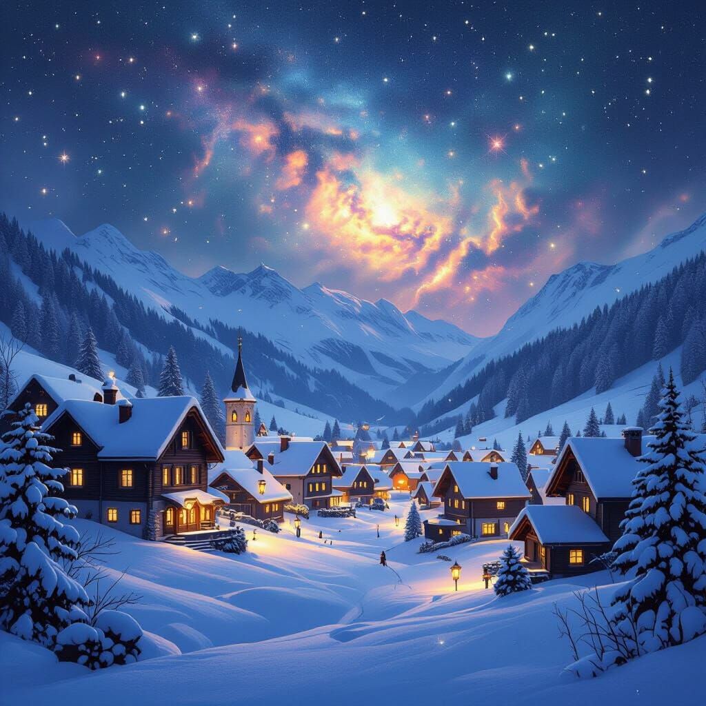 Cozy Alpine Village Under Vibrant Nebula Sky