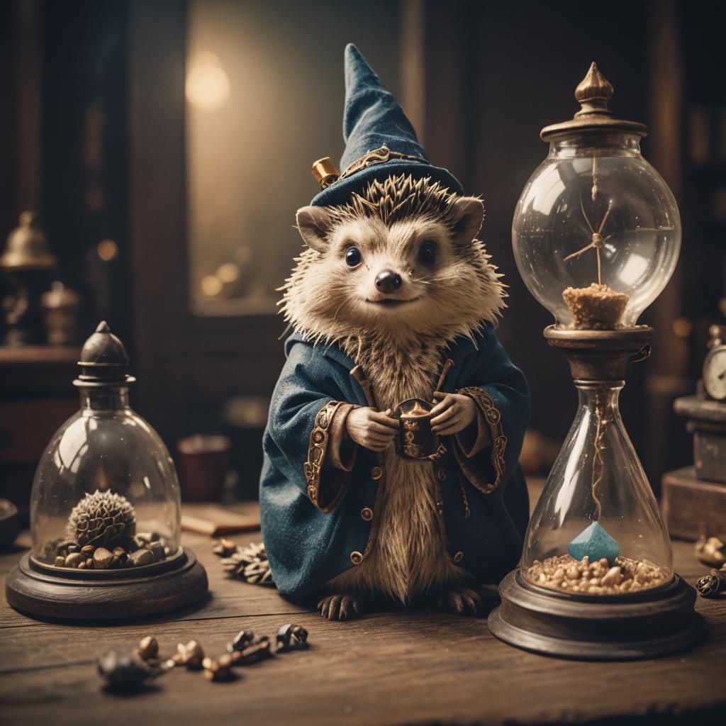 Hedgehog Wizard Contemplates Time in Cinematic Still