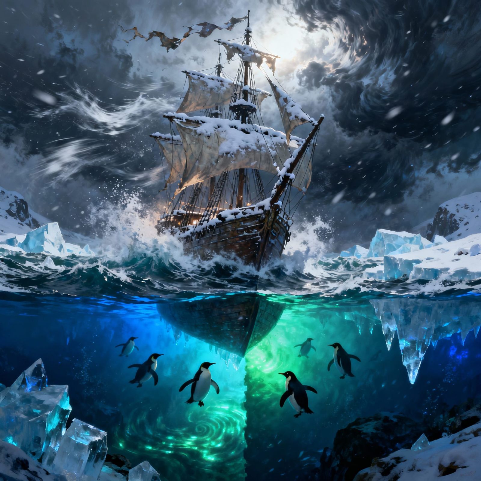 A dramatic cross-section cutaway illustration of a boat sailing through a violent blizzard storm. The image is split hor...