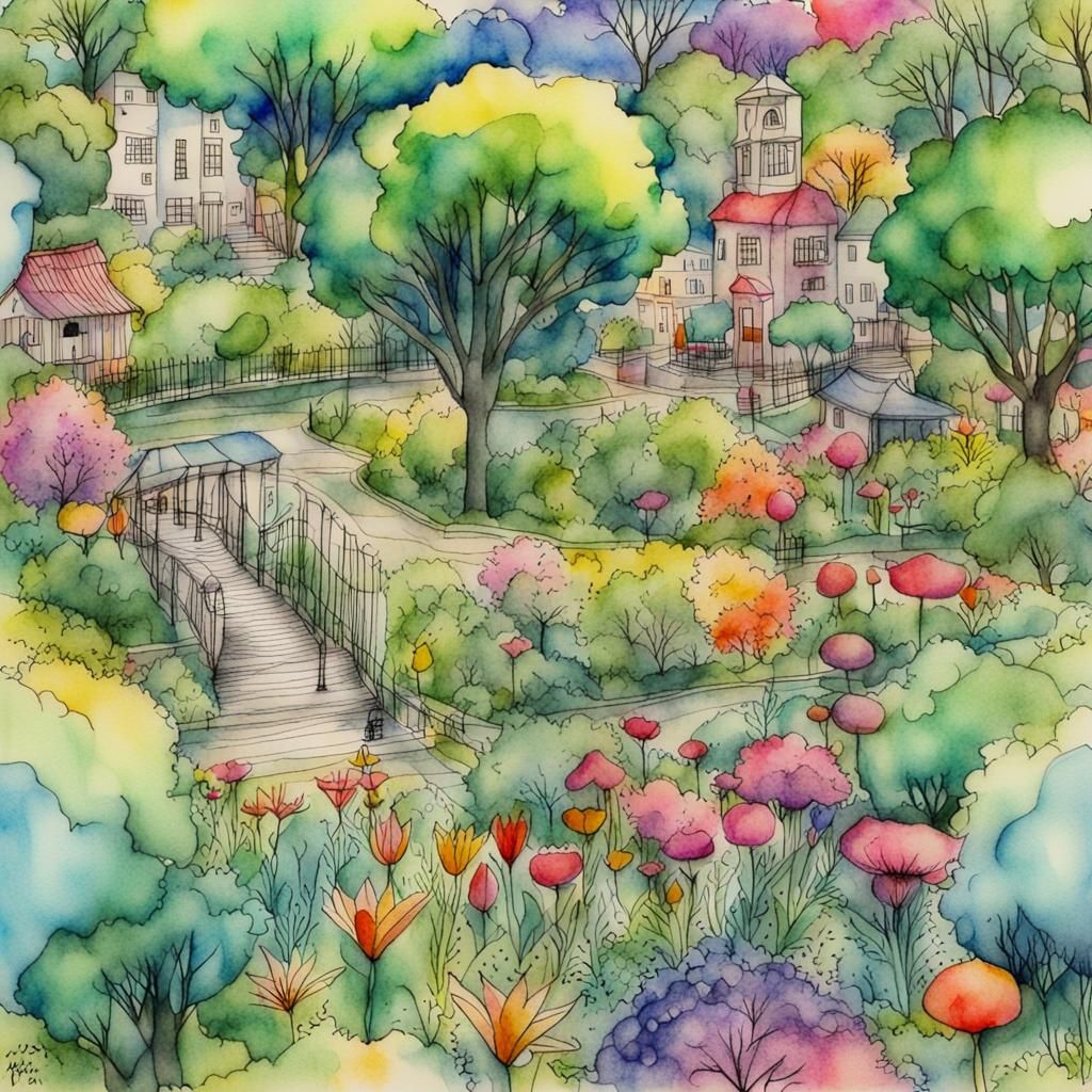 Utopian Cityscape in Watercolor and Ink
